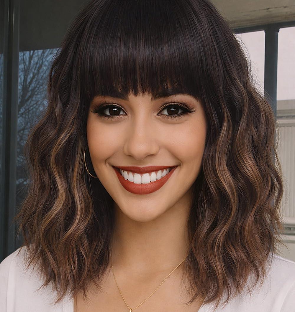 Brown Highlights Blonde Wig with Bangs for Women 12inch Short Blonde Bob Wavy Curly Hair Wigs Heat Resistant Hair Replacement Wigs for Daily Use Cosplay Costume Halloween