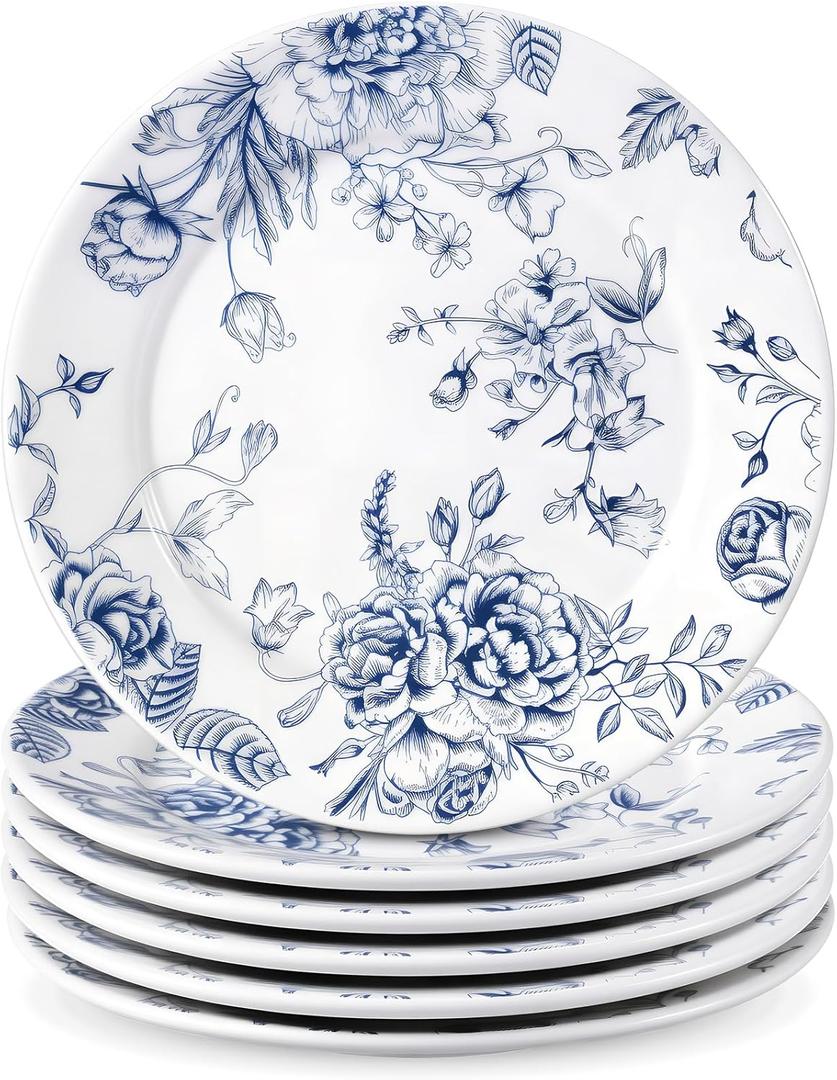 Honeydak 6 Pcs 6 Inch Blue Floral Flower Ceramic Plates Blue and White Porcelain Salad Serving Plate Vintage Dinner Appetizer Dessert Dishes Tableware for Wedding Birthday Tea Party Table Supplies