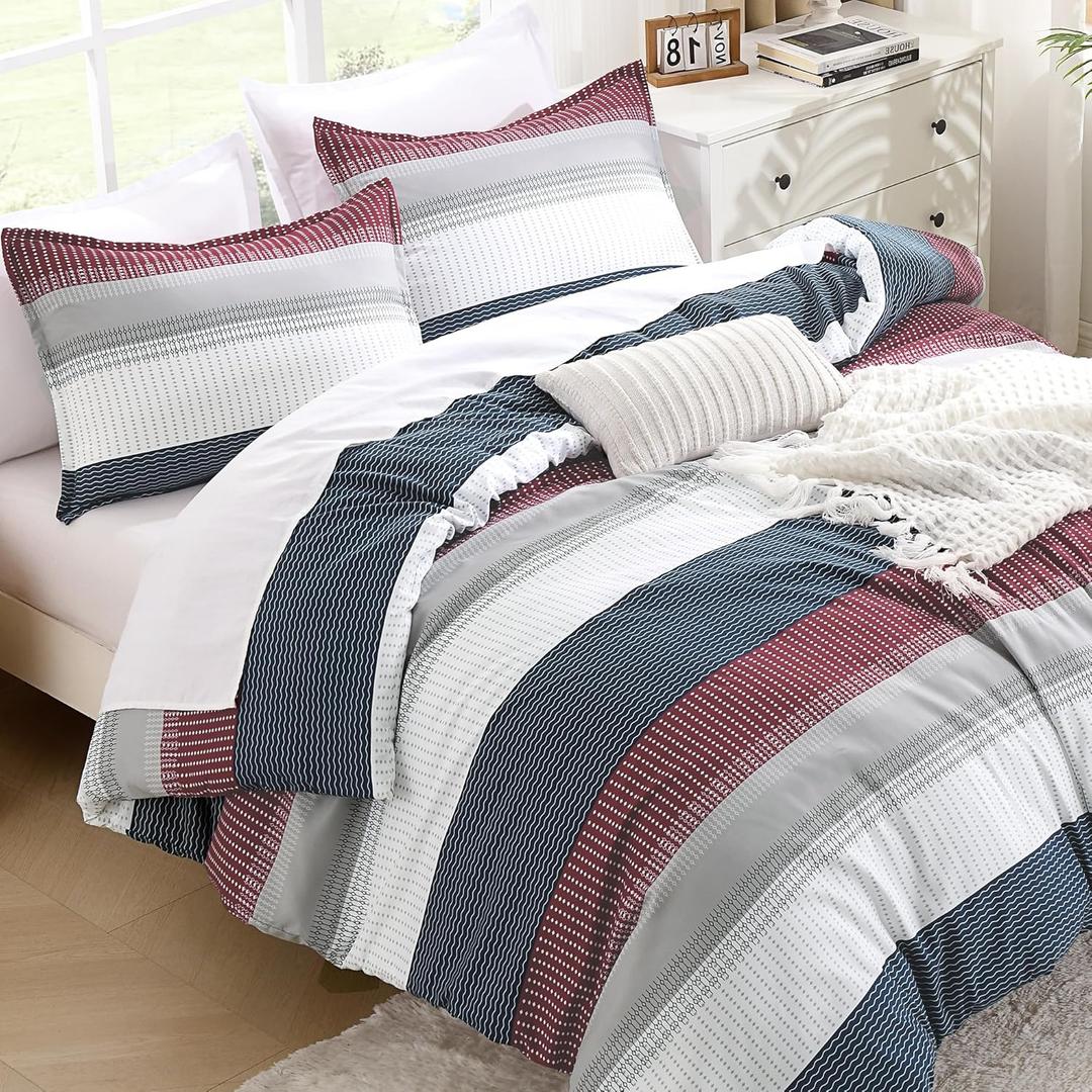 Litanika Comforter Set Queen Size Red Blue - 3 Pieces Lightweight Colorblock Stripe Fluffy Bedding Comforter Sets, All Season Bed Set