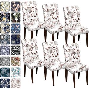 Chair Covers Dining Room Set of 6,Printed Patterned Stretch Non Slip Chair Slipcover Removable Washable Kitchen Chair Protector Cover for Home Hotel Banquet Party Office (White Brown Ornate Pattern)