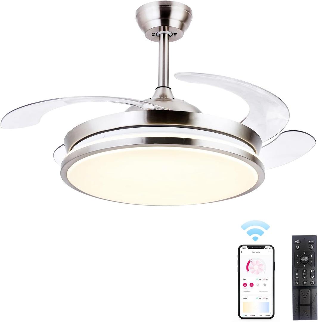 STERREN Retractable Ceiling Fans with Lights,42 Inch Modern Low Profile Bladeless LED Ceiling Fan Lights with Remote Control Smart Brushed Nickel Ceiling Fan for Bedroom Living Room (Silver)