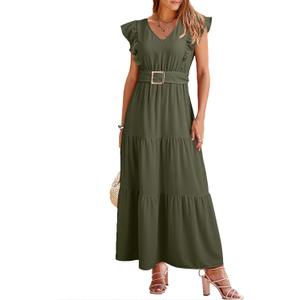 Dokotoo Women's Summer Maxi Dress V-Neck Cap Sleeve Ruched Empire Waist Cocktail Dress Wedding Guest Dresses (Green)