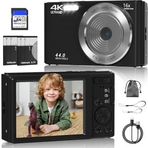 Digital Camera, FHD 4K 44MP Digital Camera, 16X Digital Zoom, Digital Point and Shoot Camera with 3-LED Fill Lights, 64GB SD Card, Compact Camera for Kids Teen Boys Girls, Black Digital Camera, FHD 4K 44MP Digital Camera, 16X Digital Zoom, Digital Point and Shoot Camera with 3-LED Fill Lights, 64GB SD Card, Compact Camera for Kids Teen Boys Girls, Black