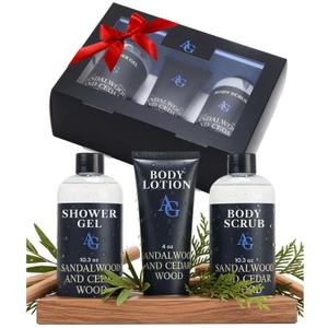 Adelegourdain Shower Kit Men, Bath and Body Gift Set For Him - Shower Gel, Body Scrub & Body Cream, Sandalwood & Cedar Scent, 3 pcs 720ml - Skin Care Kit Fathers Day Birthday Idea for Him