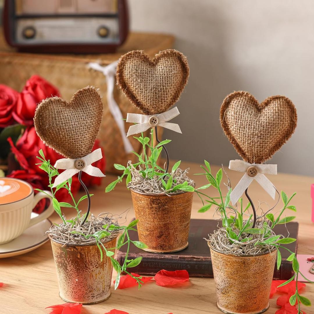 Suncalla 3 Pcs Valentine's Day Heart Linen Topiary Tree Plant 5.5'' to 7'' Rustic Heart Potted Artificial Plant with Pot for Farmhouse Tabletop Centerpiece Tiered Tray Decor Gifts