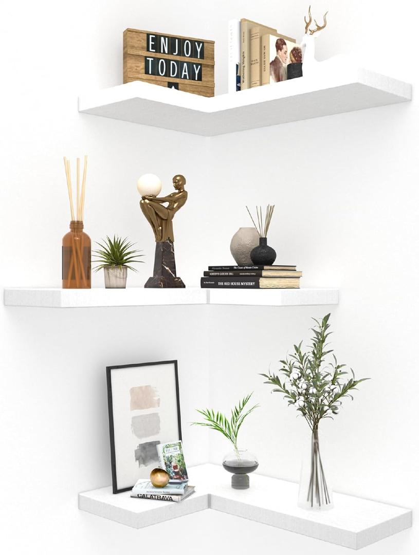 NATURE'S SOURCE Floating Corner Shelves with Invisible Brackets Set of 3, Corner Shelves Wall Mounted, for Home Bedroom Bathroom Kitchen Living Room Office- 16.6" x 11.5" (Pure White)