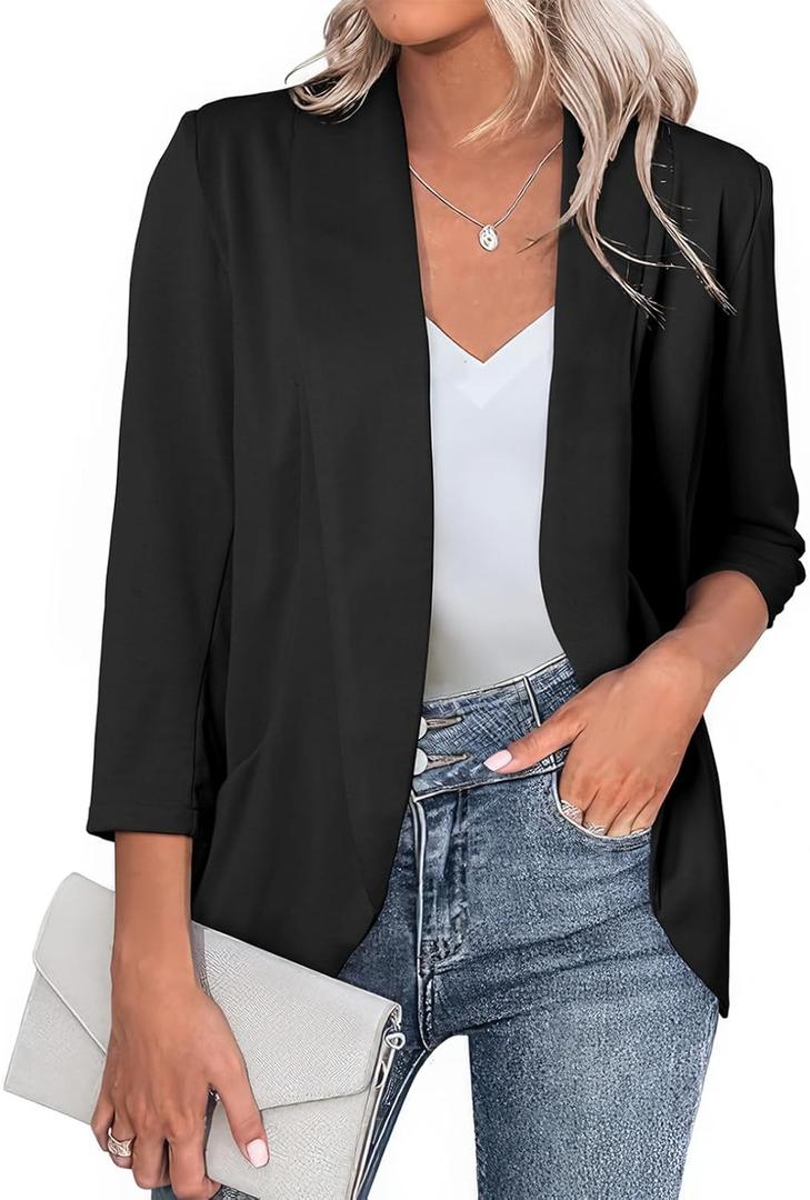 Happy Sailed Womens 3/4 Sleeve Blazers Lightweight Open Front Cardigan Jacket Office Work Suits (Black, XL)