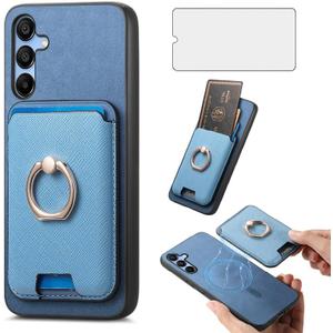 Asuwish Phone Case for Samsung Galaxy A15 5G/4G Wallet Cell Cover with Tempered Glass Screen Protector Slim Ring Stand Credit Card Holder Slot Shock Drop Proof A 15 G5 15A Women Girls Men Boys Blue