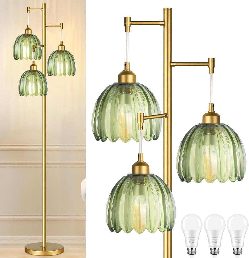 Gold Floor Lamp for Living Room,Bedroom,Mid Century Modern Standing Lamp Brass Tree 3 Light Tall Floor Lamps Vintage Retro Floor Lights Glass Green Flower Lamp Shade Farmhouse Boho Bohemian (Floor Lamp-15)