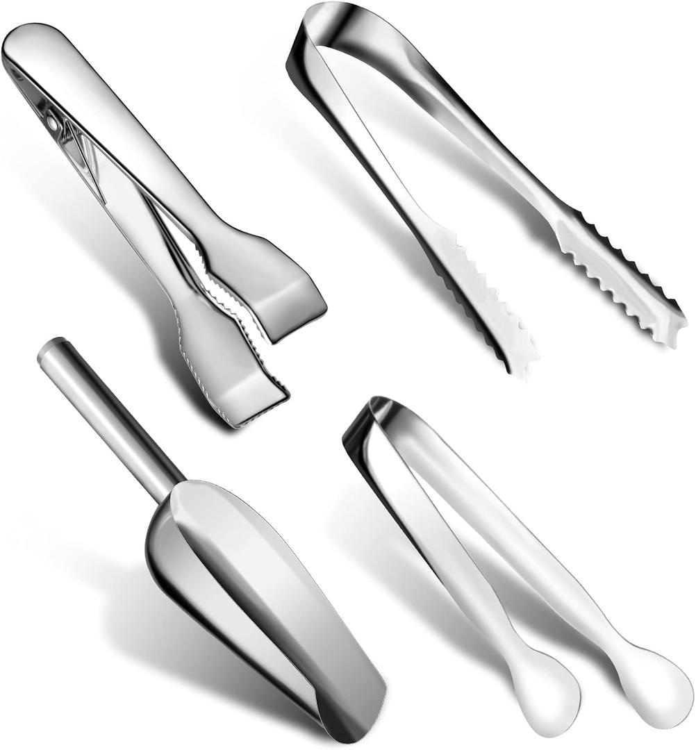 Sieral 4 Pieces Silver Ice Tongs and Scoops for Ice Bucket Stainless Steel Versatile Serving Tongs with Teeth Shovel Scoop for Christmas Party Supply Gift Freezer Kitchen Food Buffet Cocktail Bar BBQ