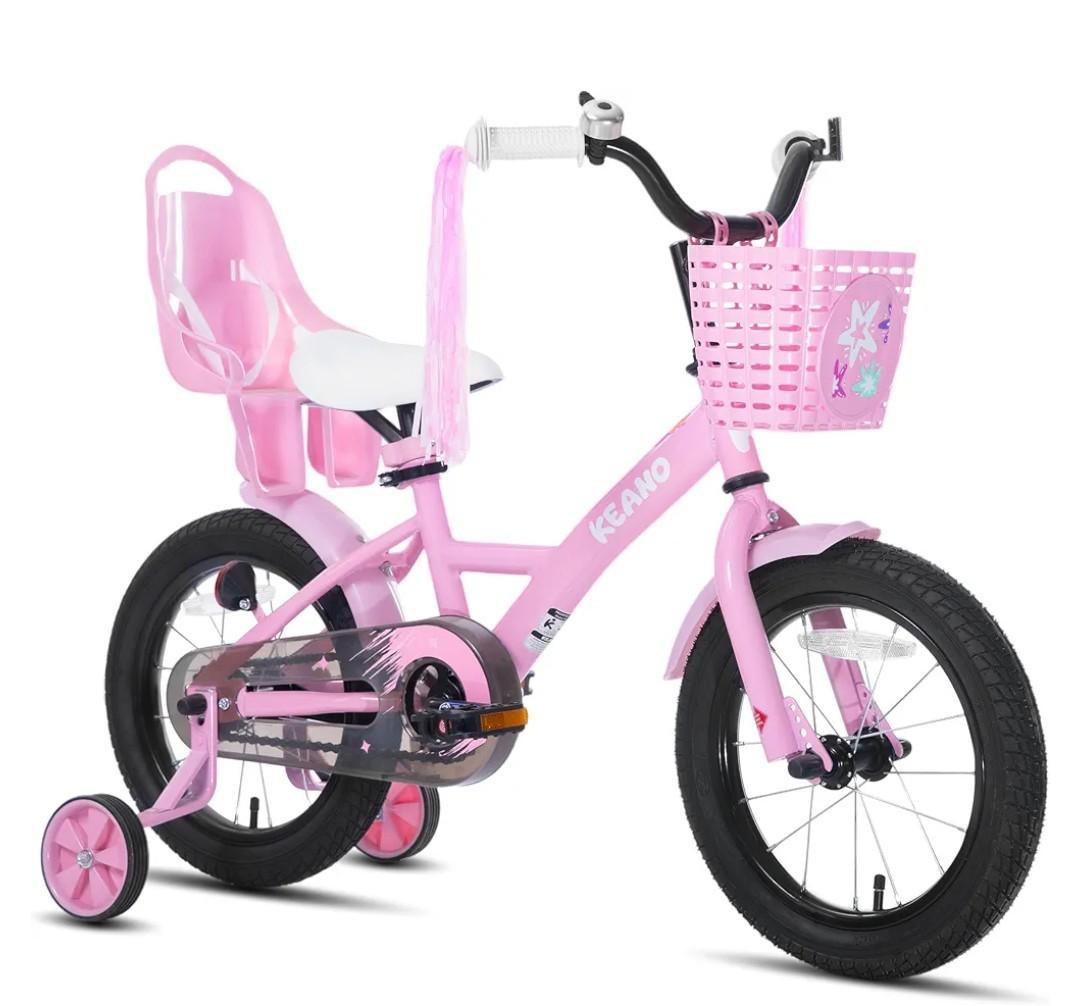 KEANO Zinnia 14 16 20 Inch Kids Bike for Girls Ages 3-10 Years, Girls' Bikes with Training Wheels, Streamers, Basket and Doll Seat, Children Bicycles