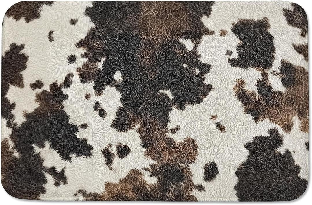 Brown and White Western Cowhide Bathroom Rugs 24"x16" Water Absorbent Soft Non-Slip Bath Mat Machine Washable Mats for Showers Laundry Rooms Indoor Doors Decor