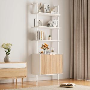 INNOD 74" Tall Bookshelf with Storage Cabinet, Modern Ladder Shelf with Wood and Metal Frame, Wall Mount Bookcase Open Display Shelf Furniture for Living Room, Bedroom, Home Office, White and Oak, 74" H x 23.6" W x 14" D