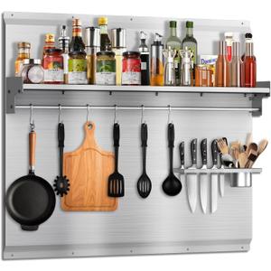36"x24" Stove Backsplash, Stainless Steel Range Backsplash with Storage Shelf & Hooks - Easy Install Kitchen Splash Guard Wall Panel