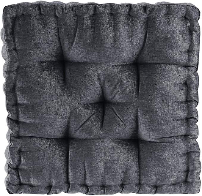 Intelligent Design Azza Floor Pillow, Large Cushions Sitting for Adults, Floor Pillow for Meditation or Yoga, Lustrous Chenille Tufted with Scalloped Edges for Bench/Chair Cushion, 20"x20"x5", Square Charcoal