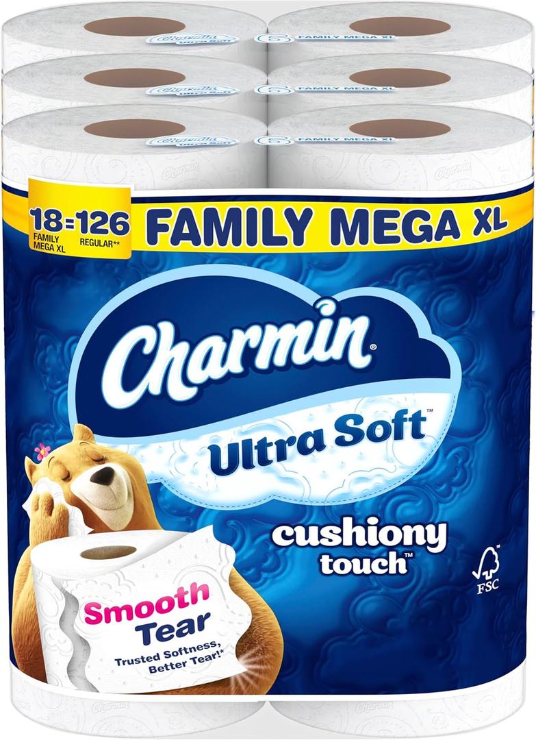 Charmin Toilet Paper Ultra Soft Cushiony Touch, 18 Family Mega XL Rolls = 126 Regular Rolls (385 Sheet (Pack of 18))