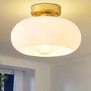 Yunnix Semi Flush Mount Ceiling Light, Milk Glass Light Fixture, Gold Mid-Century Modern Farmhouse Small Light Fixtures for Hallway, Bathroom, Kitchen, Bedroom, Living Room, Closet, Laundry(8.66 Inch)