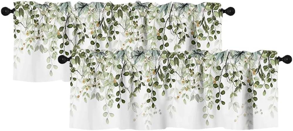 Sage Green Leaf Valances for Windows 2 Pack, Spring Summer Kitchen Curtains for Window Over Sink Eucalyptus Botanical Rod Pocket Short Curtains for Small Window for Basement Bathroom RV,54" W x 18" L