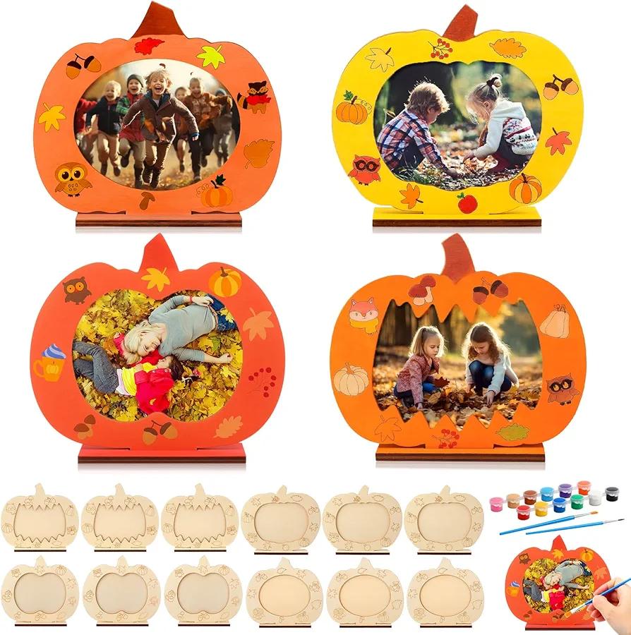 DoubleFill 13 Pcs Wooden Fall DIY Picture Frames Craft Kit 4x3'' Unfinished Wooden Pumpkin Photo Frames with Acrylic Paint Bulk Kids Fall Activities Craft Kits for Boys Girls Home Thanksgiving Gifts