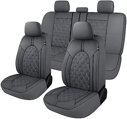 CAROMOP Luxury PU Leather Car Seat Covers Full Set-Waterproof Seat Protectors with Split Bench Seat Covers for Cars-Universal Cars Interior Covers for Sedans, SUVs, Pick-up Trucks(Gray/Gray Line)