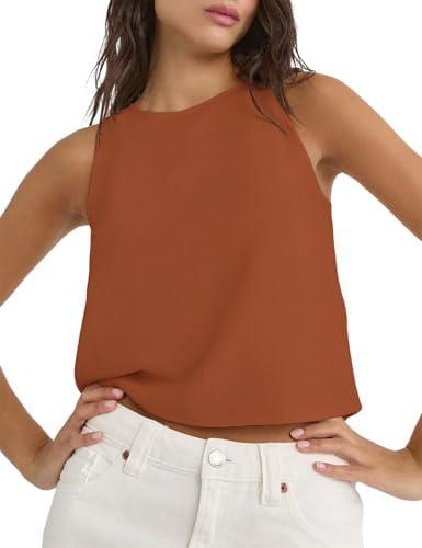 IDEALSANXUN Womens Linen Tank Tops Spring Summer Cute Crewneck Sleeveless Shirts, Medium