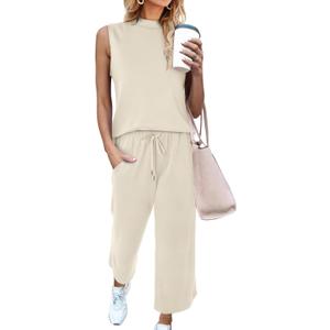 CHICZONE Two Piece Summer Sets for Women Casual Travel Vacation Outfits Wide Leg Crop Pants Lounge Sets (Small)