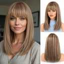 Starluck 16 Inch Brown Mixed Blonde Human Hair Wig,Human Hair Wigs, Human Hair Wig With Bangs, Lady Wigs Human Hair, Real Hair Wigs For Women