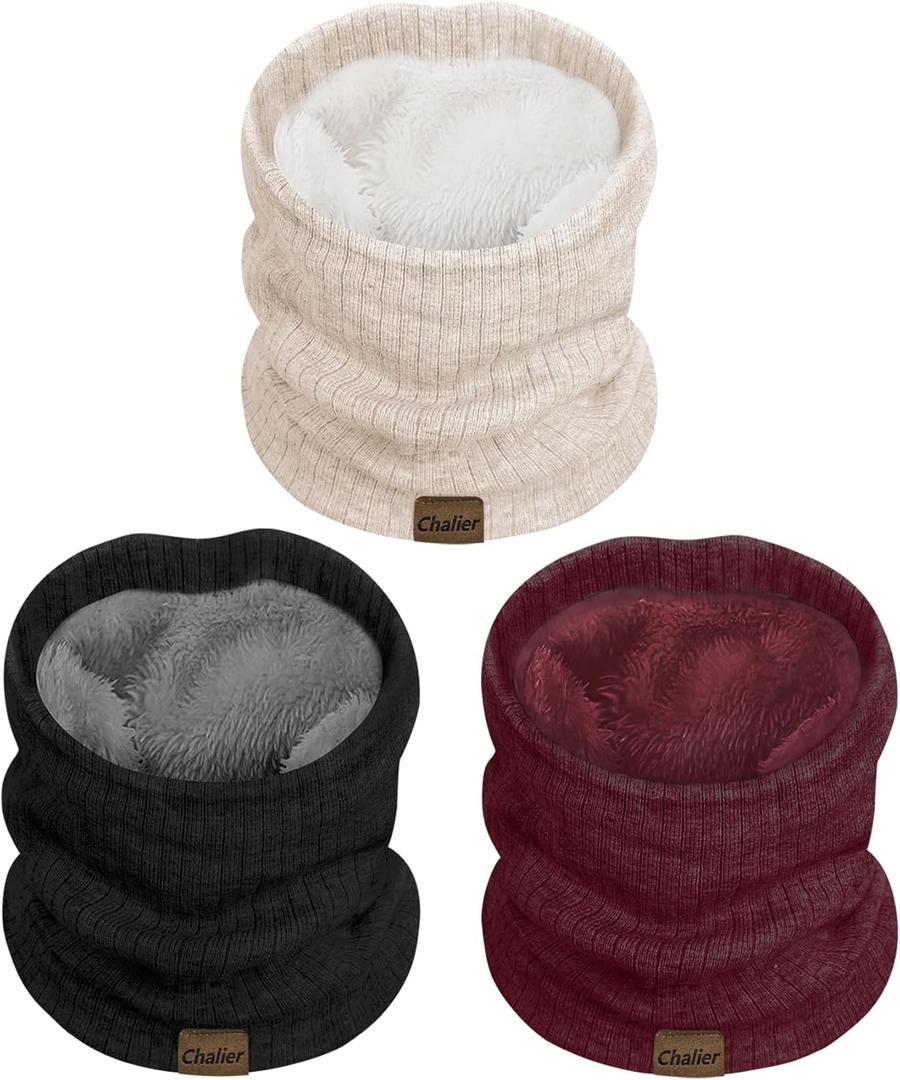 Chalier 3 Pack Neck Warmer for Women Cold Weather Knit Winter Scarf Thick Infinity Neck Gaiter for Men Women (A Pack Red Black Beige)