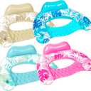SLOOSH Inflatable Pool Floats Adult, 4 Pack Pool Chairs with Cup Holders,Blow up Floats Chair,Hammock Noodle Mat Leaves Design for Summer Water Fun Swimming Party Beach,Blue, Cyan, Pink, Champagne