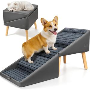 17" H Dog Stairs for Small Dogs 4-Step Non-Slip Dog Ramp for Couch | Foldable 2-in-1 Pet Stairs & Ottoman, Upgraded Pet Steps for Puppies, Senior Dogs & Injured Pets, Solid Wood Frame (Grey)