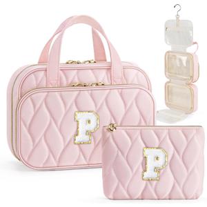 YOOLIFE Hanging Toiletry Bag for Women - Travel Toiletry Bag Makeup Bag, Portable Toiletries Cosmetic Bag, Airplane Travel Essentials - Letter P, Pink