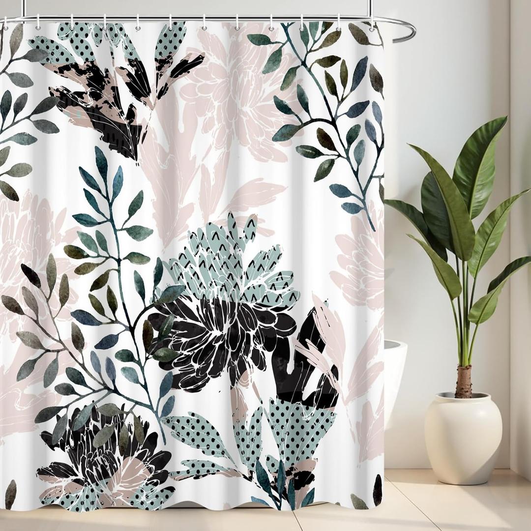 Pink Leaf Shower Curtain for Bathroom, Waterproof Fabric Leaves Bathroom Curtains Washable Tropical Plants Shower Curtain Set with 12 Pcs Hooks, 72x72 Inch