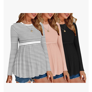 Ekouaer Maternity Shirts 3 Packs Tunic Long Sleeve Tops Pleated Casual Pregnancy Clothes Black/ Pink/ White, Size: M