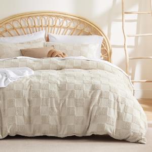 Bedsure Boho Kids Duvet Cover Queen SizeDuvet Insert/Comforter not Included - Checkered Duvet Cover Queenfor All Seasons,Soft Shabby Chic Boho Bedding (Beige, 90" x 90")