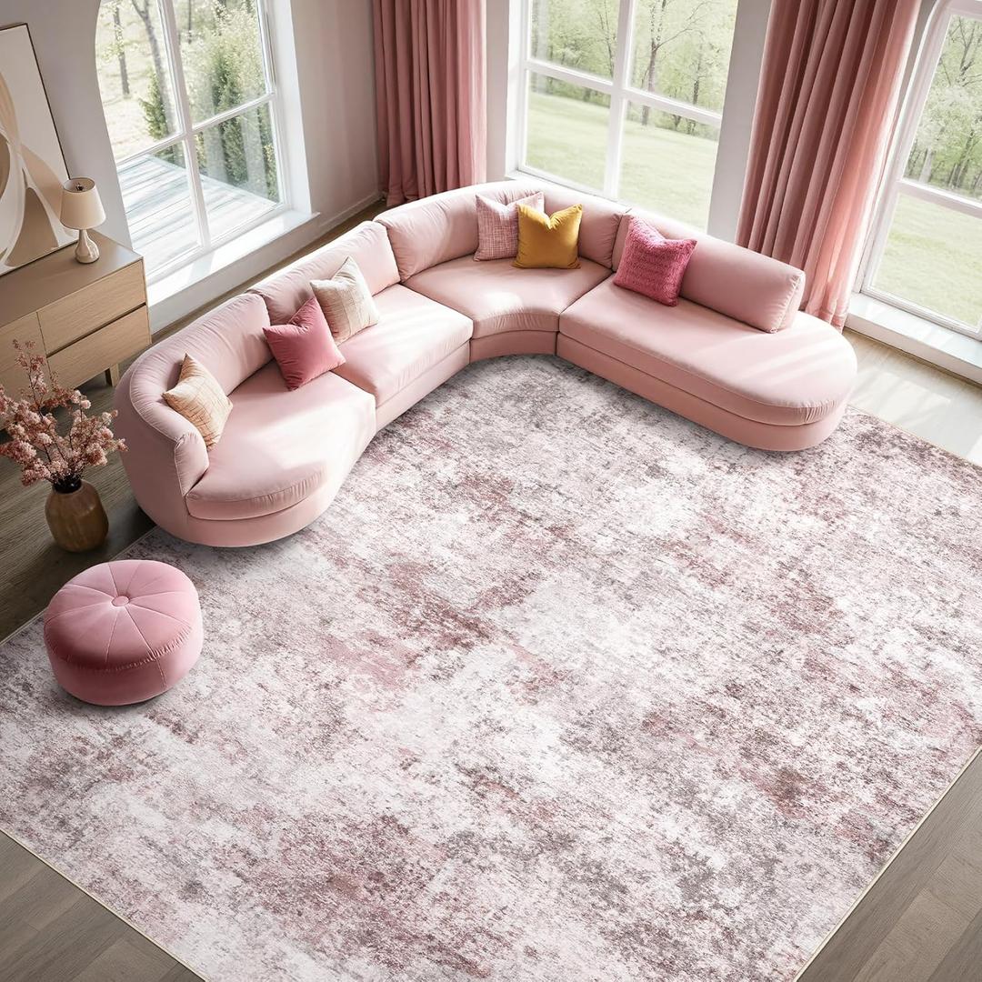 5x7 Area Living Room Rugs - Washable Neutral Modern Abstract Soft Thin Large Rug Indoor Floor No Slip Rug Carpet for Bedroom Under Dining Table Home Office Decor - Pink