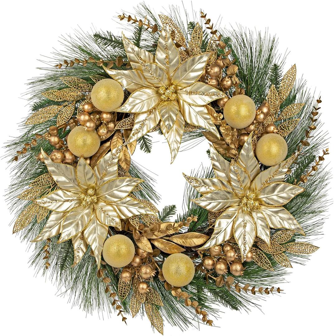 Hollyone Poinsettia Wreath Gold Christmas Wreath Outdoor 24inch Christmas Wreaths Large for Front Door Wreaths with Poinsettia Flowers Berries Magnolia Leaves for Home Wall Window Festival Decorations