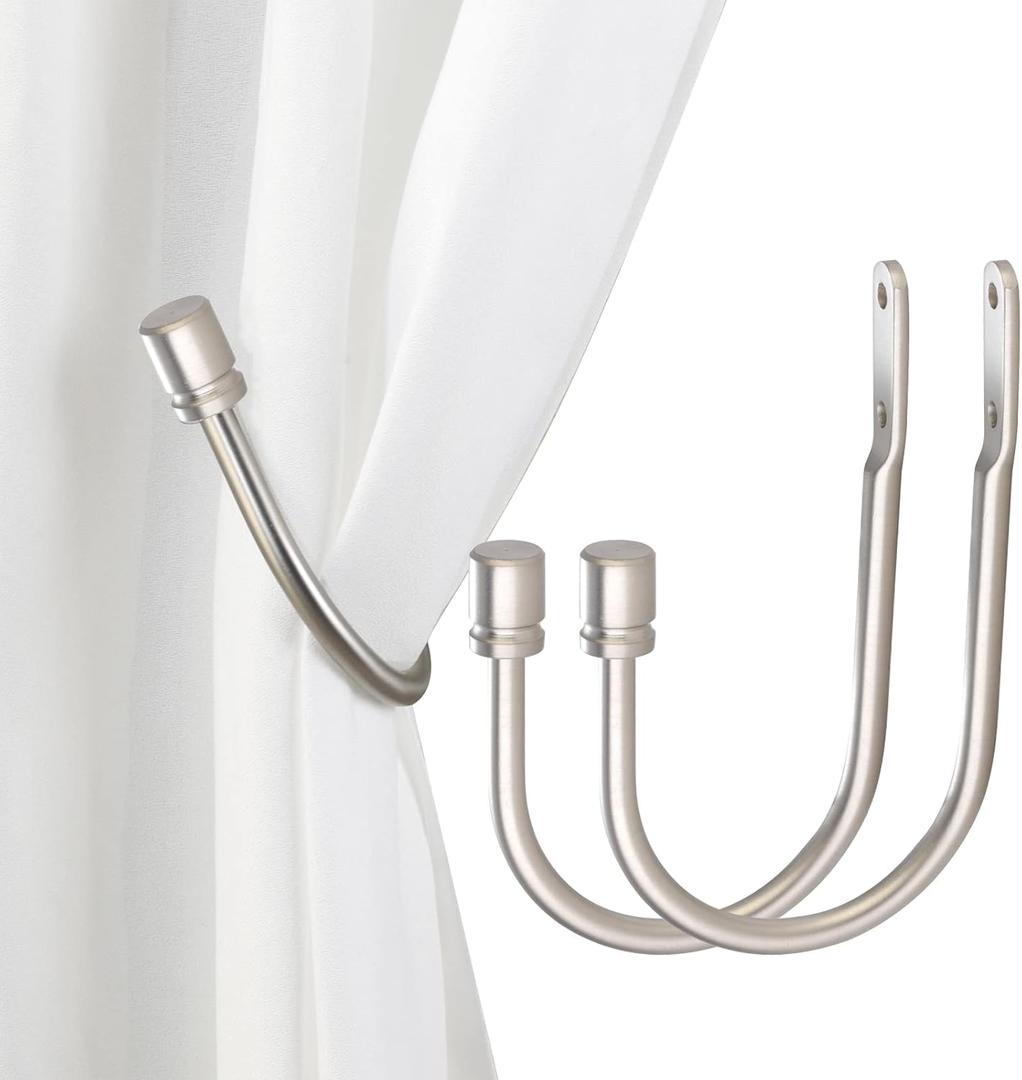 Arnorx 2 PCS Curtain Holdbacks, Metal Decorative Curtain Tiebacks with End Cap Finials, Wall Mounted Window Drapery Holdback Hooks for Livingroom and Bedroom, Matte Brushed Nickel