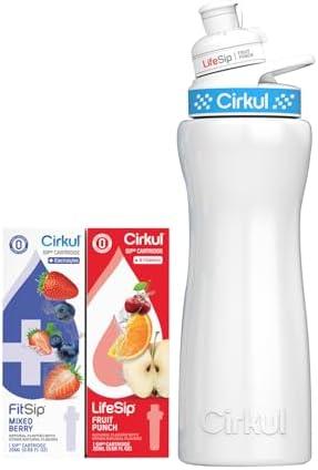 Cirkul 22oz. White Stainless Steel Water Bottle Starter Kit with Blue Lid, 2 Flavor Cartridges (1 LifeSip Fruit Punch and 1 FitSip Mixed Berry) No Sugar, Zero Calorie Drink Mix