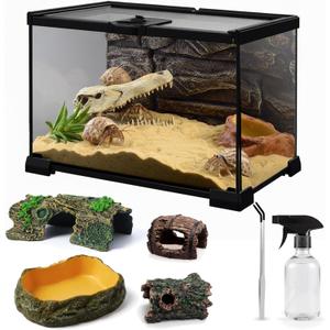 12"x8"x6" Mini Reptile Glass Terrarium Tank Kit (7 Pcs) Full View Hermit Crab Tank, Habitat Enclosure with Feeding Slot & Lock for Lizard, Bearded Dragon, Gecko, Frogs, Snake, Amphibians & Small Pets