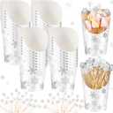 250pcs Winter Snowflake Charcuterie Cups with Picks Set 50pcs Winter French Fries Cups 200pcs Winter Cocktail Picks 14oz Disposable Paper Snack Cups Fruit Sticks for Winter Party(Silver)