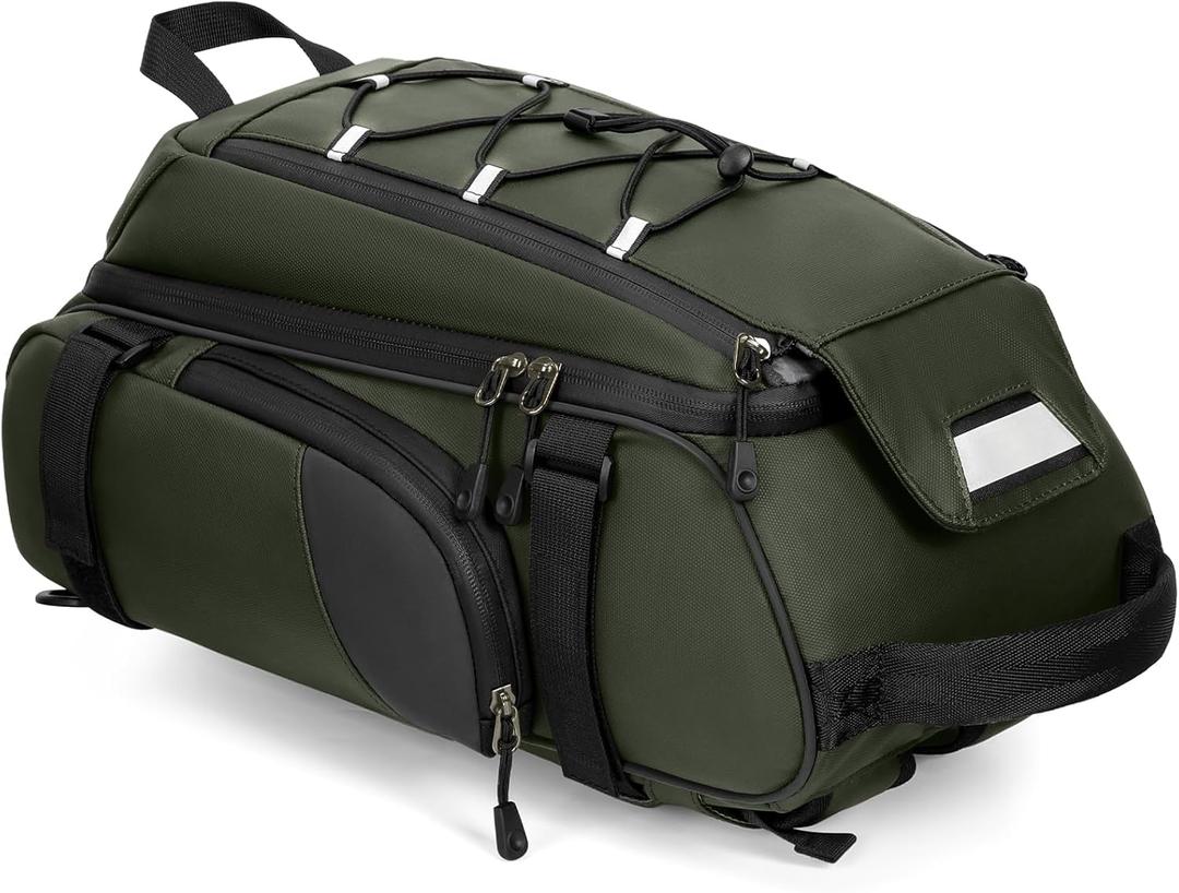 RAINSMORE Bike Bags for Bicycle Rear Rack 15L Waterproof Bike Ebike Trunk Pannier Saddle Bag with Rain Cover Bike Accessories Backpack Shoulder Bag for Commuter Travel Outdoor, Green