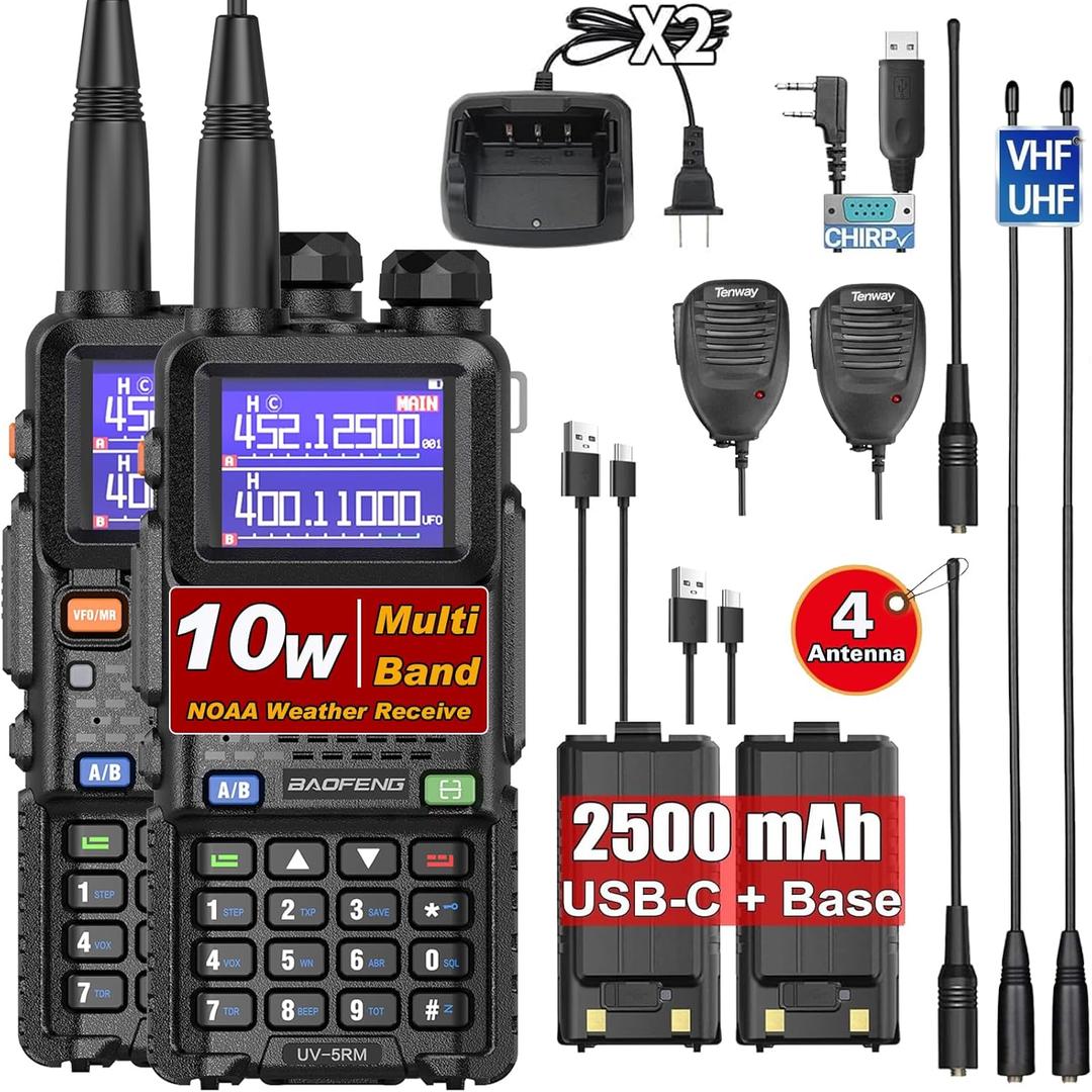 BAOFENG UV-5RM 10W Long Range Ham Radio Walkie Talkie with NOAA Weather Receiver 2500mAh Rechargeable Battery one-Key Frequency Copy Micphone Type-C Charging and Programming Cable (Gain Antenna) 2 Pac