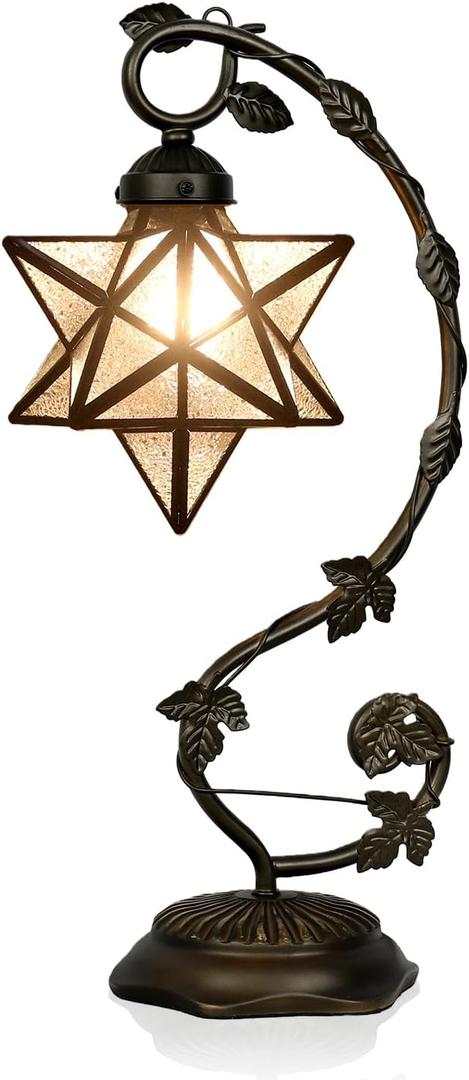 Star Glass Table Lamp, Vintage Style Table Lamp, 8x10x20 Inch – Bronze Metal Leaf Base Tiffany Lamp for Bedroom, Living Room, Study