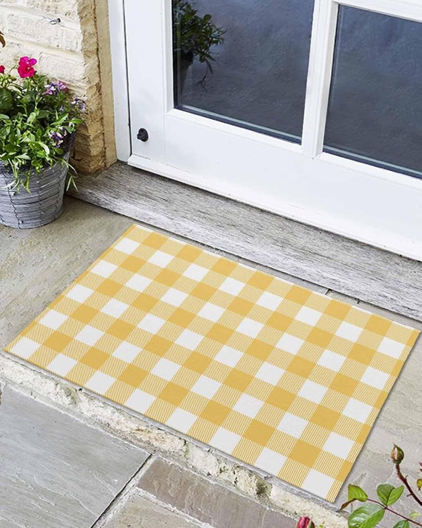 Front Door Mat Indoor Outdoor Entrance, Country Style Yellow and White Buffalo Check Plaid Checkered Non-Slip Doormat Low Profile Easy Clean Patio Porch Entryway Mat 24"x36"