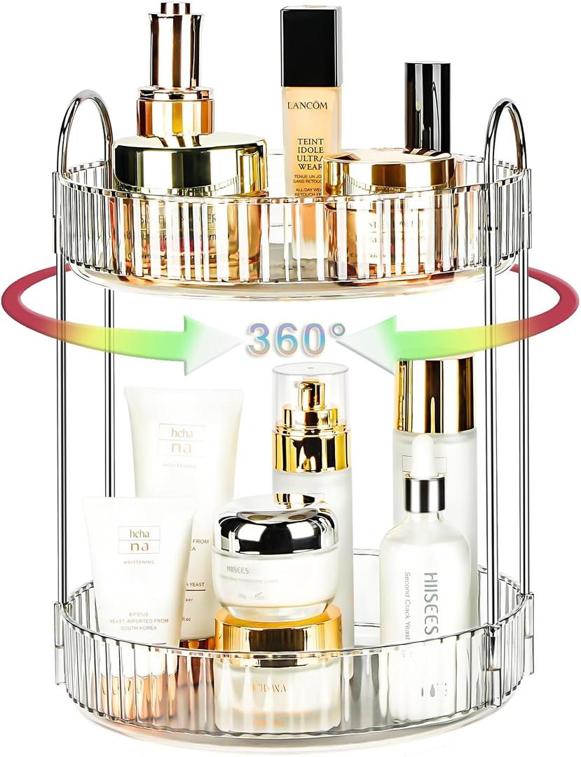 360 Rotating Makeup Organizer, 2 Tier Lazy Susan Bathroom Counter Organizer, Skincare Organizers, Spinning Perfume Organizer & Vanity Organizer Countertop (Silver Clear, 2 Tier)