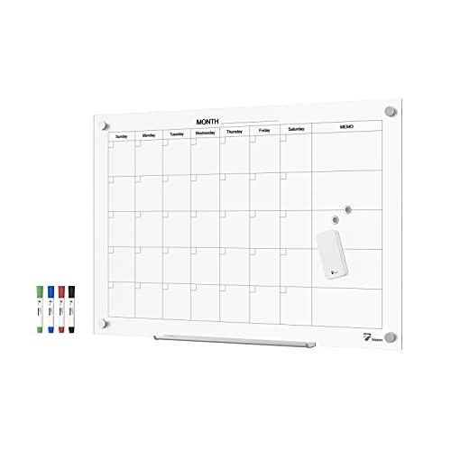 TOWON Tempered Glass Calendar Dry Erase Board for Wall, 3' x 2' Magnetic Whiteboard Calendar Planner for Office, Home, School Supplies, White, 36 x 78 Inches