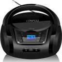LONPOO CD Player Portable Boombox with FM Radio/USB/Bluetooth/AUX Input and Earphone Jack Output, Stereo Sound Speaker & Audio Player,Black