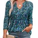 Uhiger 3/4 Sleeve T Shirts for Women V Neck Tunic Tops to Wear with Leggings Dressy Tops for Women Night out Fancy Evening Blouses Business Casual Office Attire Peasant Work Clothes Blue Floral XL