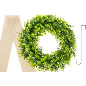 20" Boxwood Wreath with Metal Hanger & Burlap Ribbon  Lush Front Door, Wall, or Window Decor  Indoor/Outdoor Faux Greenery  Rustic Farmhouse Style for Year-Round Warmth & Charm