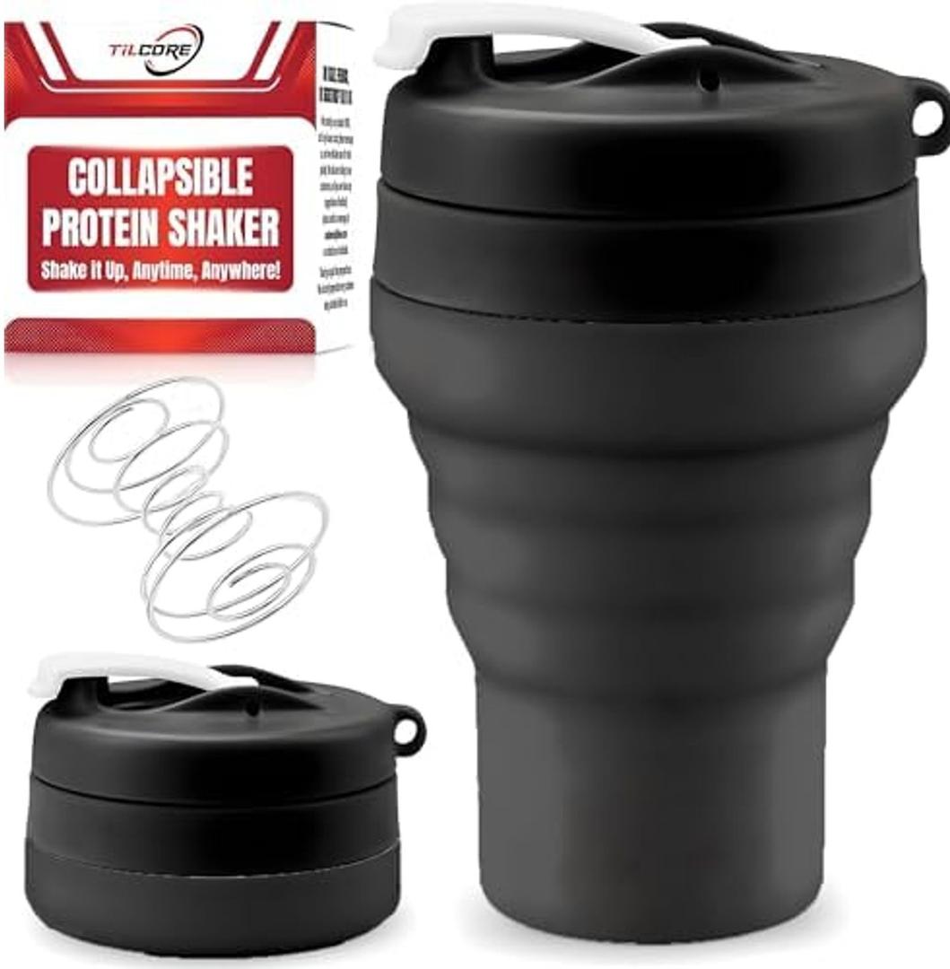 Tilcore Collapsible Protein Shaker & Water Bottle Food-Grade, Leakproof Lid 600mL/20oz Shaker Cup - Reusable Silicone Shaker Cups for Protein Shakes with Mixing Ball for Gym-goers & Travelers